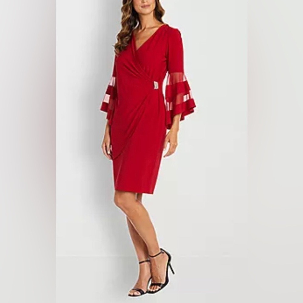R & M Richards‎ Women's 14 Sheath Dress Red Mesh Bell Sleeve 3561J